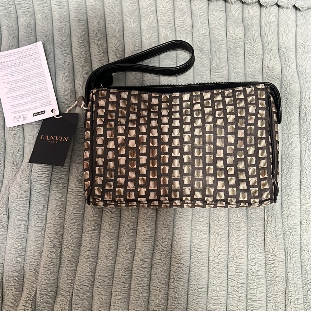 Lanvin Vintage Monogram Logo Textile Clutch Tan Beige Wristlet NWT - Picture 10 of 11